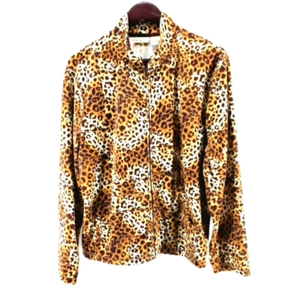 Kim Rogers PXL Brown Animal Print Zipper Front Lightweight Casual Fleece Jacket